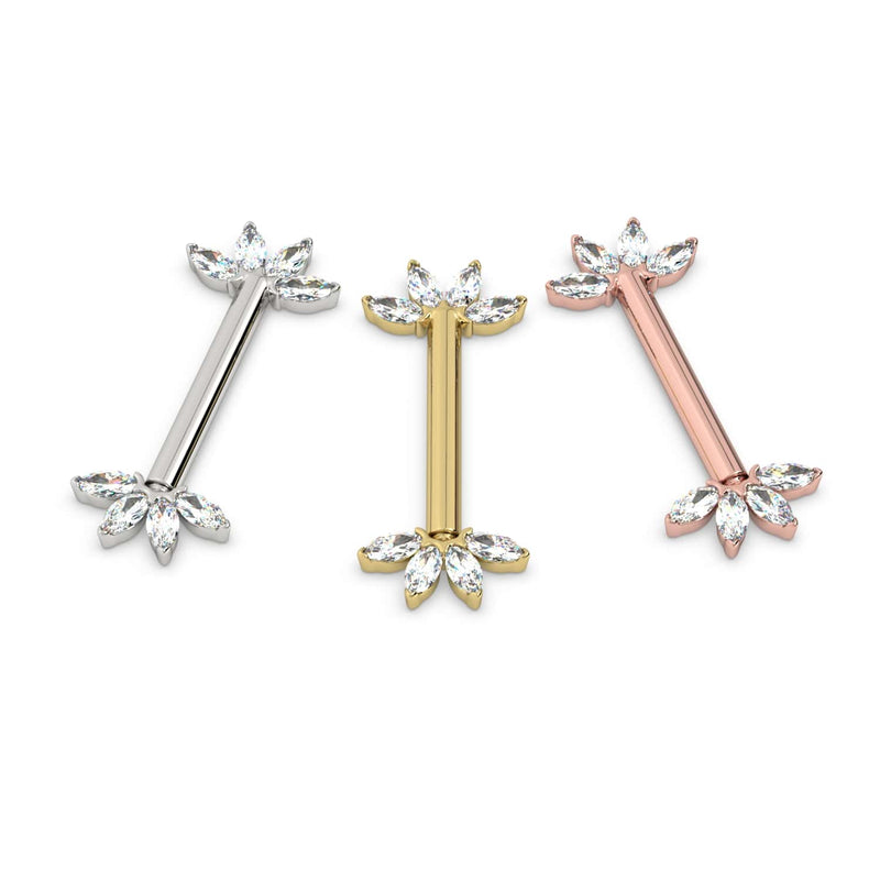 Three-color comparison of diamond marquise fan nipple barbells in white, yellow, and rose gold