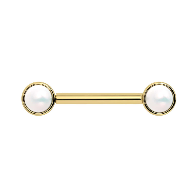 14K yellow gold Akoya pearl nipple barbell, straight-on front view of bezel settings
