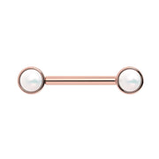 14K rose gold Akoya pearl nipple barbell front view with lustrous white pearl bezels