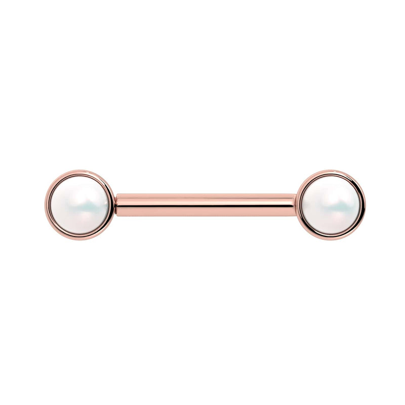 14K rose gold Akoya pearl nipple barbell front view with lustrous white pearl bezels