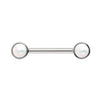 14K white gold Akoya pearl nipple barbell front view showing cool-toned bezel settings