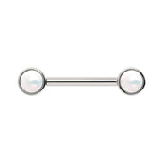 14K white gold Akoya pearl nipple barbell front view showing cool-toned bezel settings