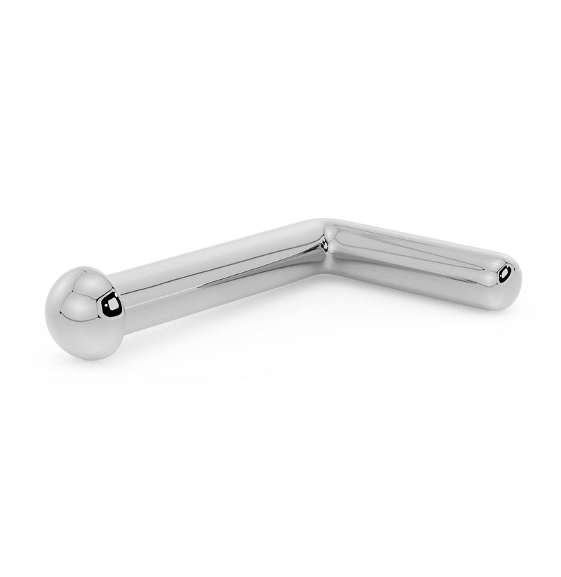 14k white gold dome nose ring with L post backing, polished finish showing right-angle bend