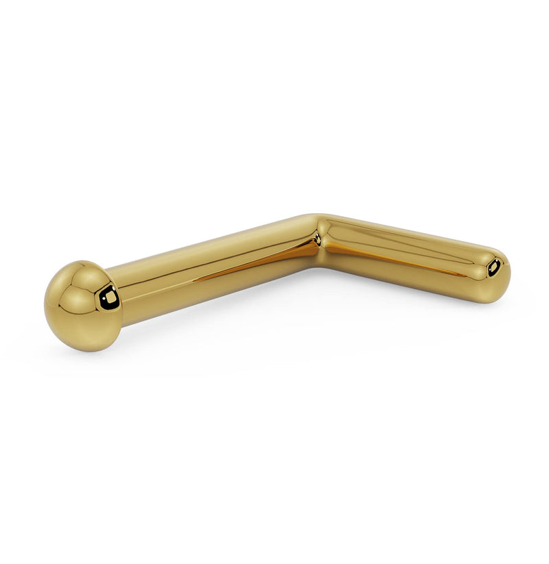 14k yellow gold 1.5mm dome nose ring with L post backing, angled bend visible
