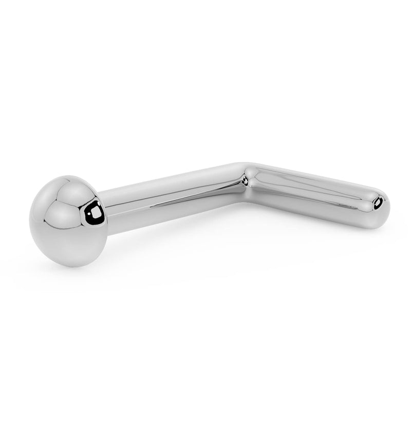 14k white gold 2mm dome nose ring with L-post backing, polished finish side view
