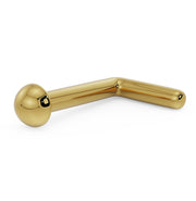 14k yellow gold 2mm dome nose ring with L-post backing, angled side view