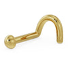 14k yellow gold 2mm dome nose ring with twist backing, angled view showing curl