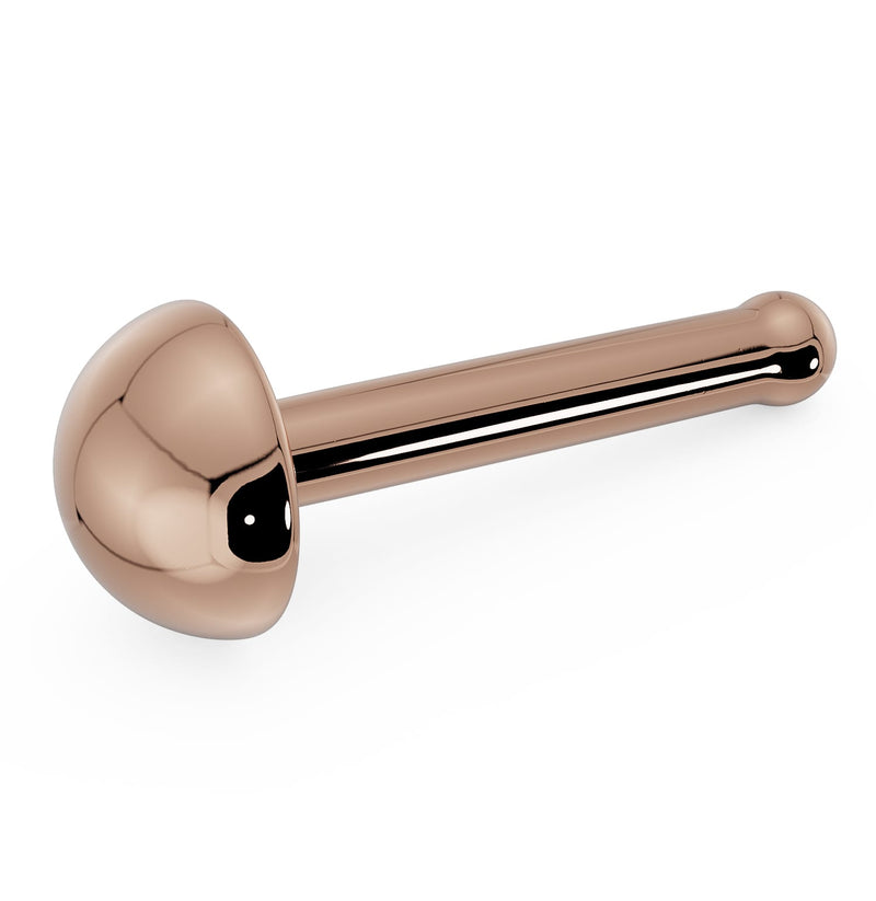 14K rose gold 3mm dome nose ring with straight post backing, angled view