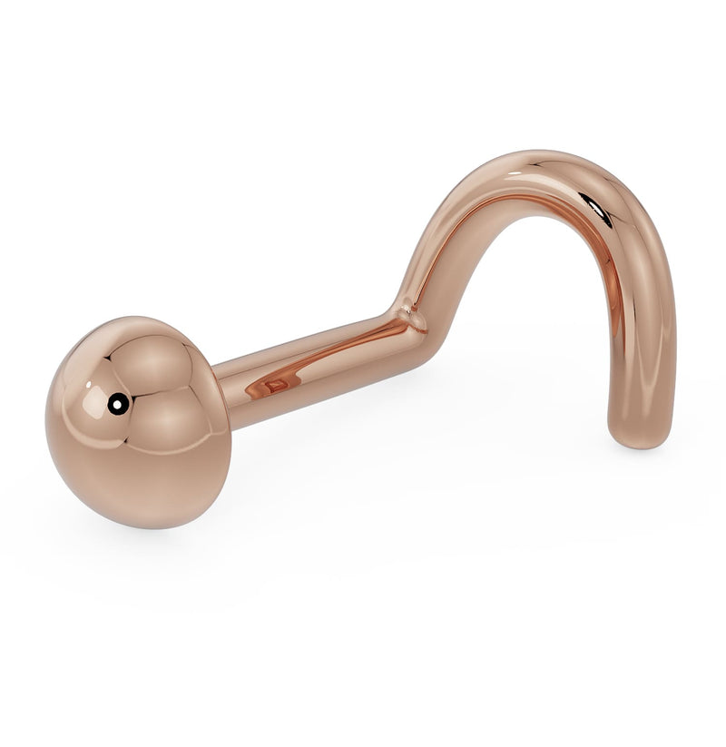 14K rose gold 3mm dome nose ring with twist backing, angled front view