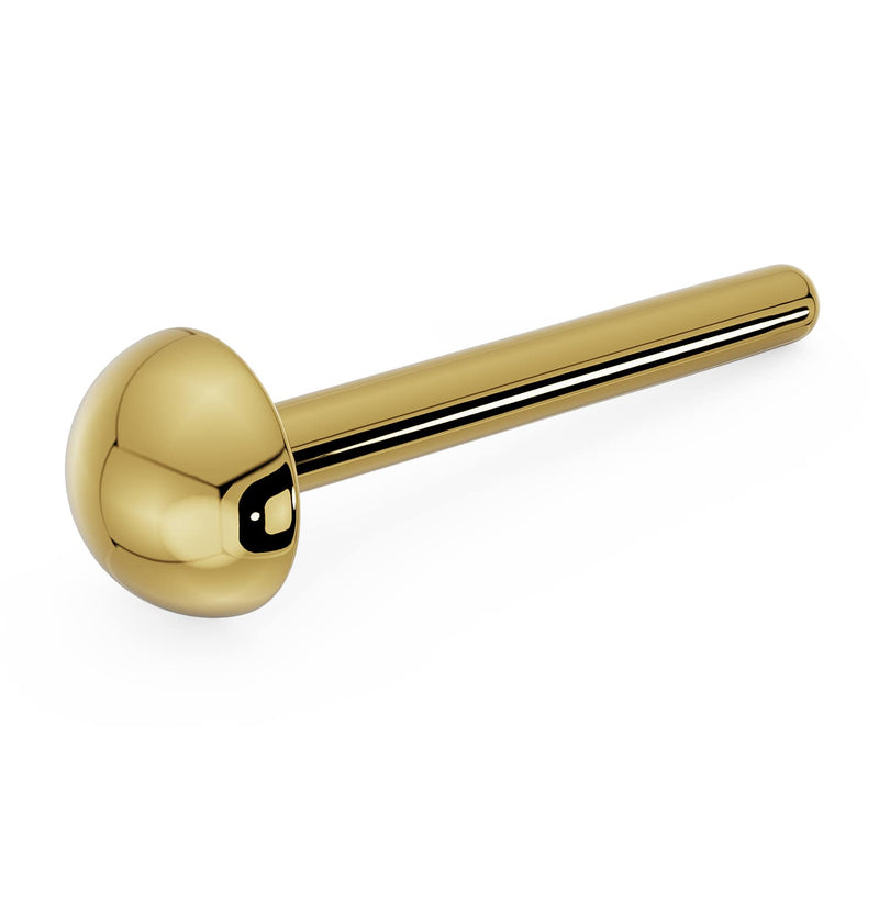 14K yellow gold 3mm dome nose stud with bone backing, close-up angled view