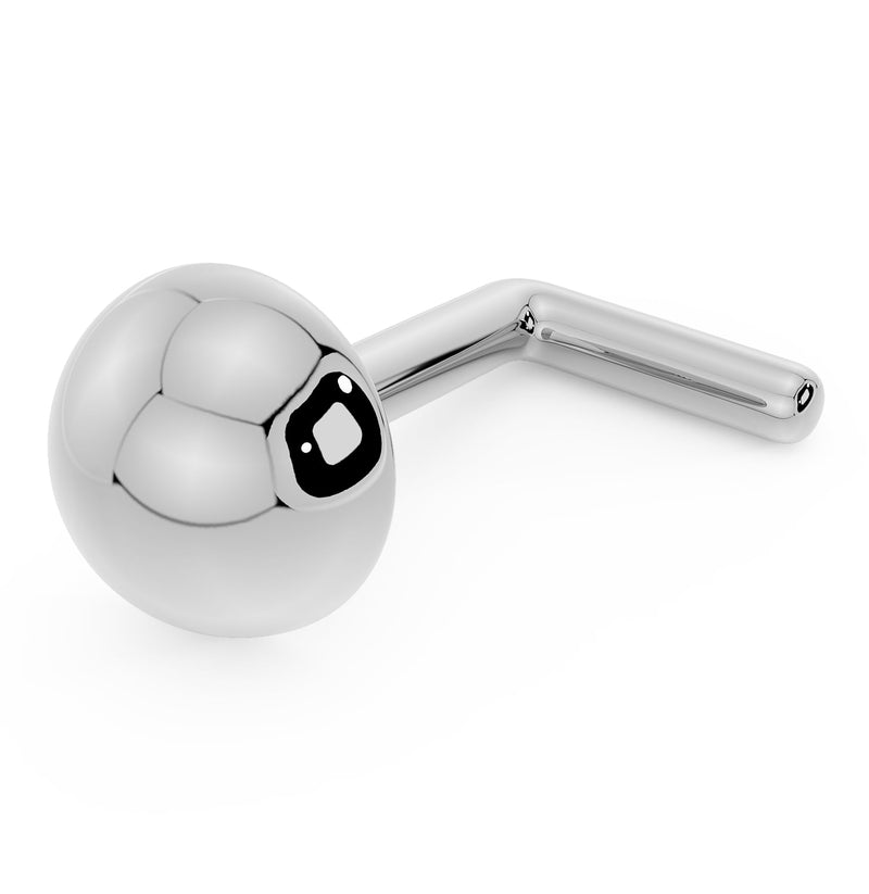 14k white gold 4mm dome nose ring with L-post backing, polished dome and post detail