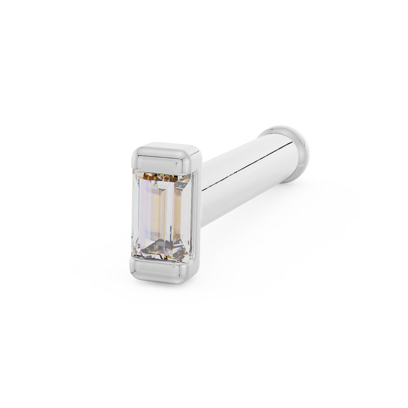 14K white gold baguette diamond straight post nose ring, angled view showing tube post and bezel-set diamond