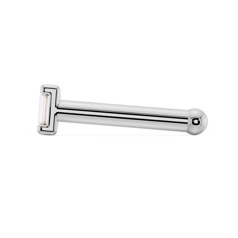 14K white gold baguette diamond nose bone style, side view showing ball end and rectangular diamond setting
