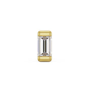 Close-up front view of 1.5mm baguette diamond in 14K yellow gold bezel setting, VS1 step-cut detail