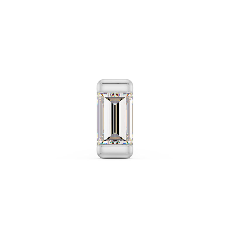 Close-up front view of 1.5mm step-cut baguette diamond in white gold bezel setting for nose ring