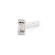 14K white gold baguette diamond straight post nose ring, side-angle view emphasizing diamond and cylindrical post