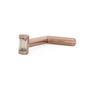 14K rose gold baguette diamond L post nose ring, angled side view showing diamond setting and post angle