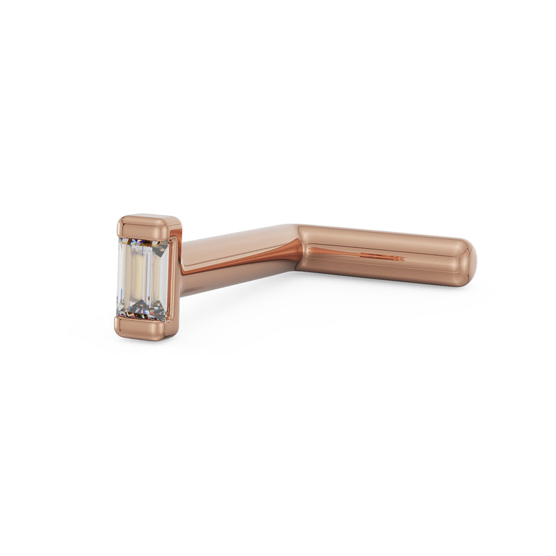 14K rose gold baguette diamond L post nose ring, angled side view showing diamond setting and post angle