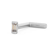 14K white gold baguette diamond L post nose ring, angled side view showing step-cut diamond and post shape