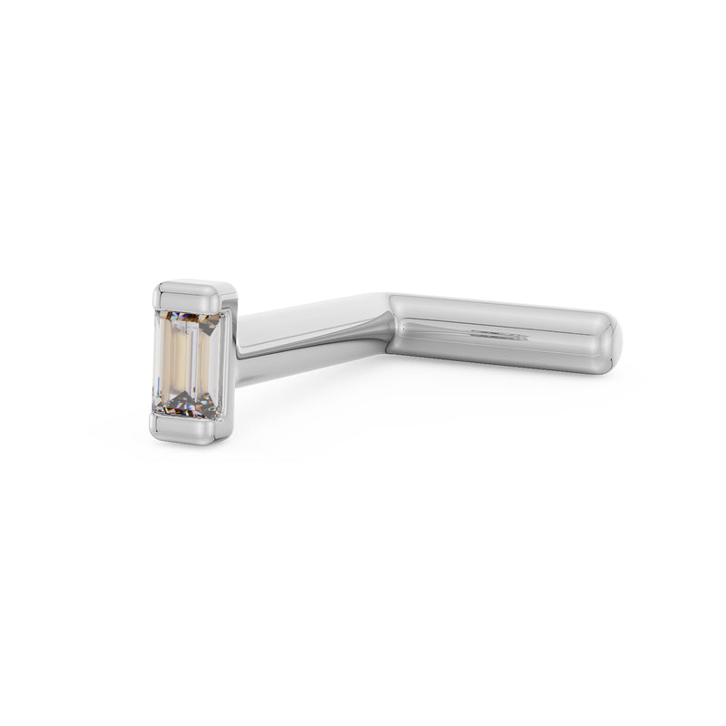 14K white gold baguette diamond L post nose ring, angled side view showing step-cut diamond and post shape