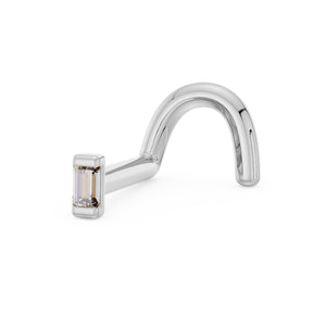 14K white gold baguette diamond nose ring twist style, angled view showing step-cut VS1 diamond setting