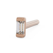 14k rose gold baguette diamond nose bone stud, angled view highlighting warm rose tone setting