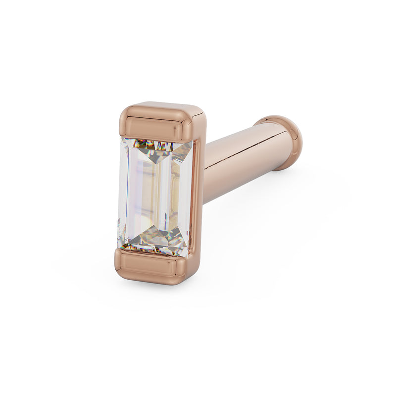 14k rose gold baguette diamond nose stud with labret-style post, angled front view