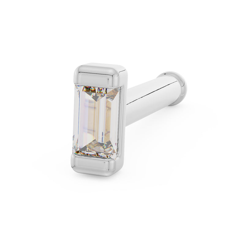 14k white gold baguette diamond nose stud with labret-style post, angled view from front