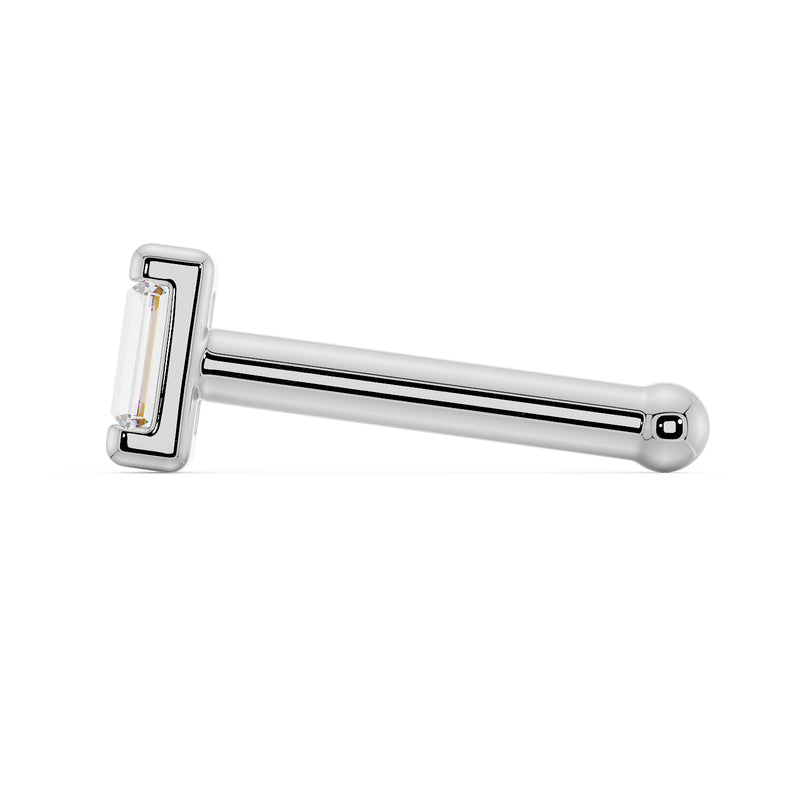 14k white gold baguette diamond nose bone style, side view showing straight post with ball end