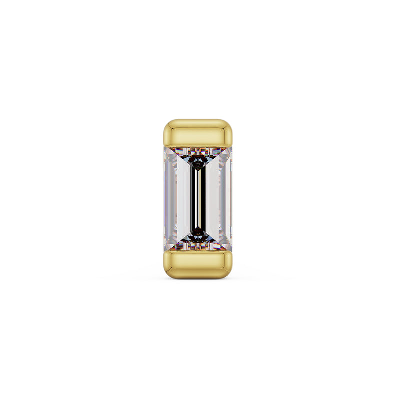 Close-up front view of 2mm step-cut baguette diamond in 14k yellow gold bar setting