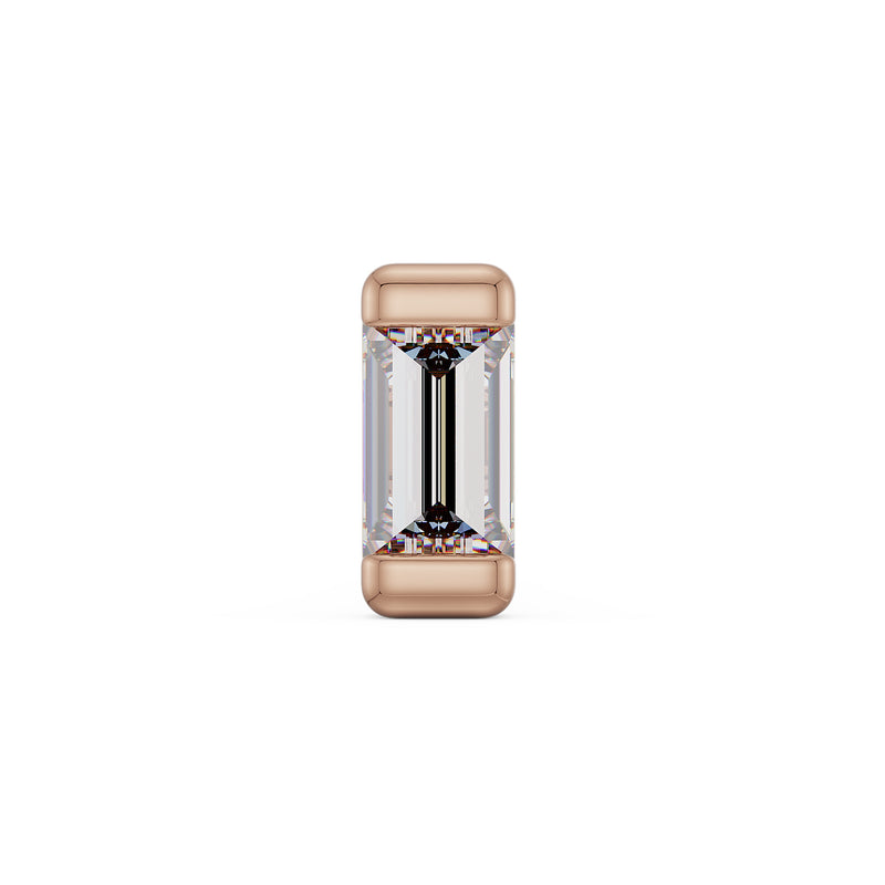 Close-up front view of 2mm step-cut baguette diamond in 14k rose gold bar setting