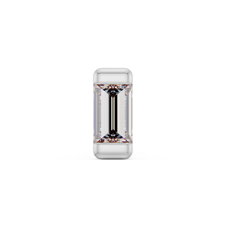 Close-up front view of 2mm step-cut baguette diamond in 14k white gold bar setting