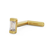 14k yellow gold baguette diamond nose ring L-post style, angled side view of bent post shape