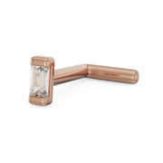 14k rose gold baguette diamond nose ring L-post style, angled view showing bent post