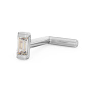 14k white gold baguette diamond nose ring L-post style, side angle showing bent post shape