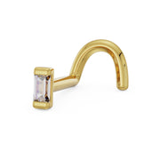 14k yellow gold baguette diamond nose ring twist style, angled view showing curl of the post
