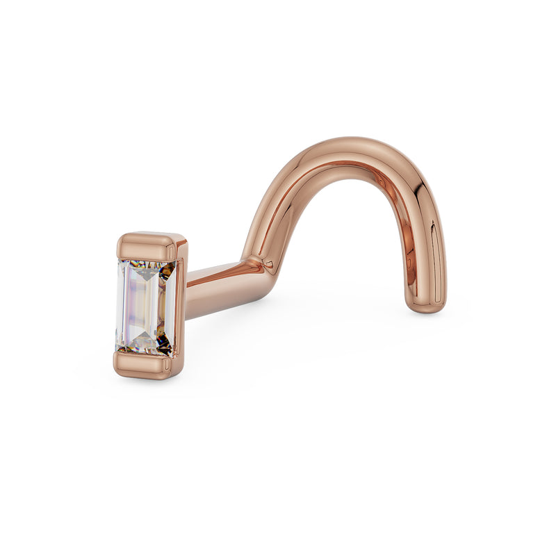 14k rose gold baguette diamond nose ring twist style, angled view showing curved post