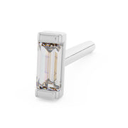 14K white gold baguette diamond nose stud bone style, angled view of bezel-set diamond with straight post