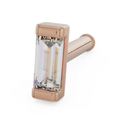 14K rose gold baguette diamond nose ring straight post style, angled view showing diamond setting and post