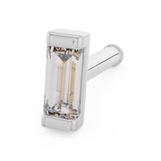 14K white gold baguette diamond nose ring straight post style, angled view showing high-profile bezel setting