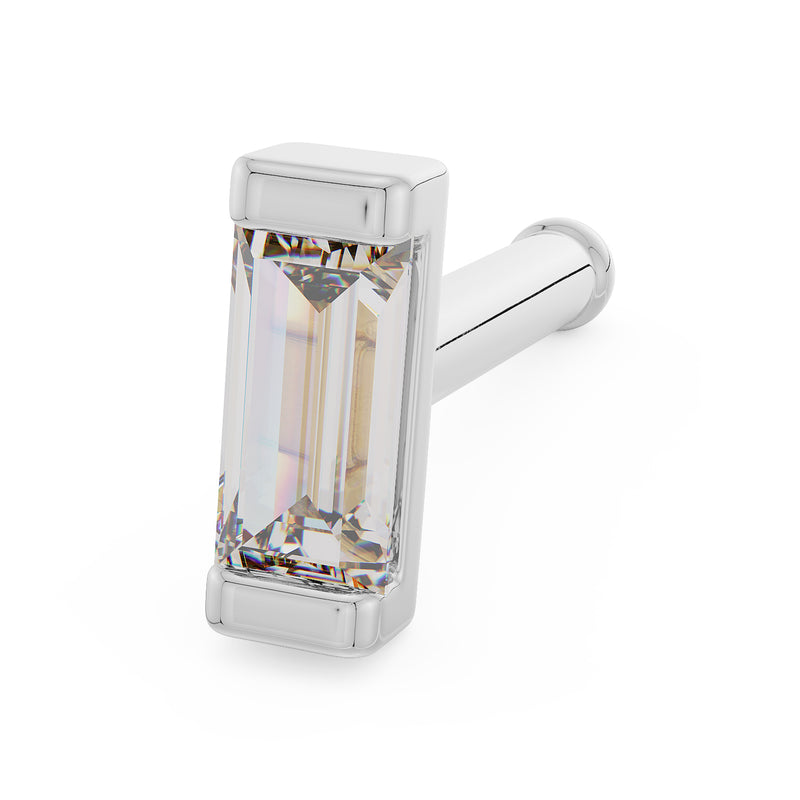 14K white gold baguette diamond nose ring straight post style, angled view showing high-profile bezel setting