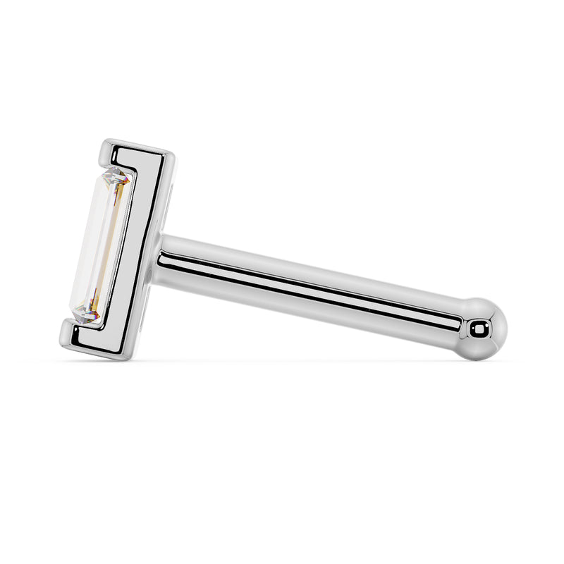 14K white gold baguette diamond nose bone style, side profile showing straight post with ball end