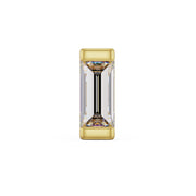 Close-up front view of 3mm baguette diamond in 14K yellow gold bar setting, step-cut facets fully visible