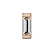 Close-up front view of 3mm baguette diamond in 14K rose gold bar setting, step-cut rectangular diamond detail