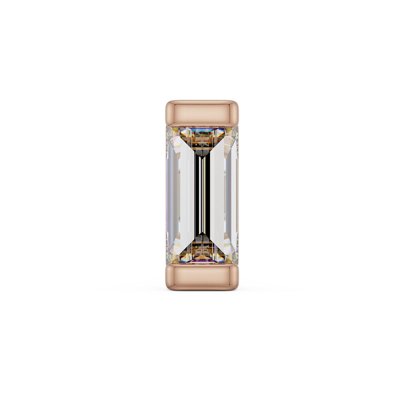 Close-up front view of 3mm baguette diamond in 14K rose gold bar setting, step-cut rectangular diamond detail