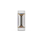 Close-up front view of 3mm baguette diamond in 14K white gold bar setting, showcasing step-cut facets