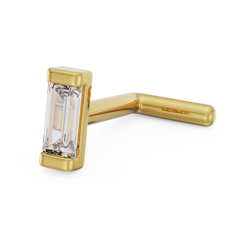 14K yellow gold baguette diamond nose ring L post style, angled view showing diamond bar setting and L-shaped post
