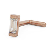 14K rose gold baguette diamond nose ring L post style, angled view showing diamond bar setting and L-shaped post