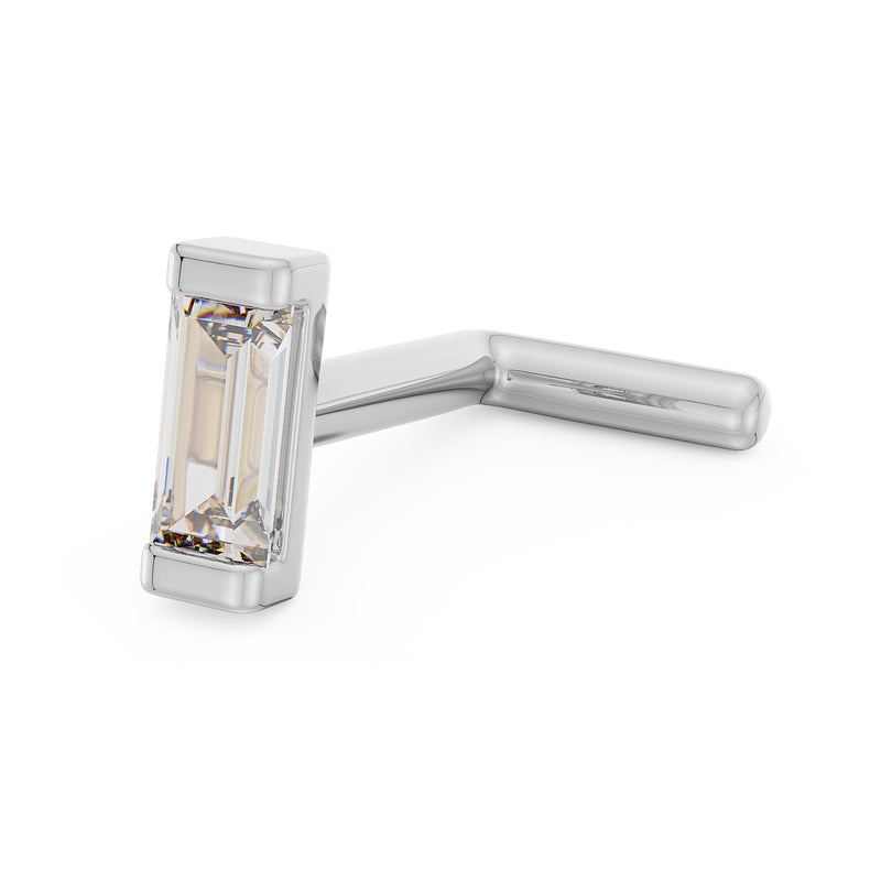 14K white gold baguette diamond nose ring L post style, side angle showing diamond setting and L-shaped post