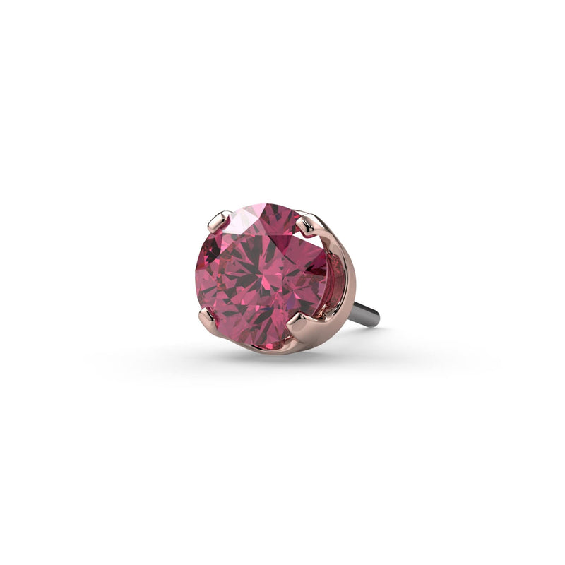 Close-up of 2.5mm pink diamond push-pin end in 14k rose gold prong setting, end-only view